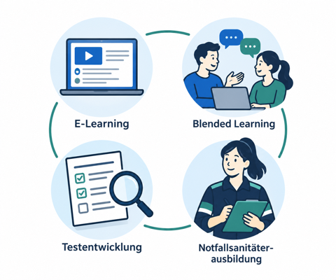 Vier verbundene Bildmotive zu E-Learning, Blended Learning, Testentwicklung und Notfallsanitäterausbildung.